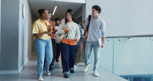 Walking, students and talking in hallway, college and planning for exam with friends