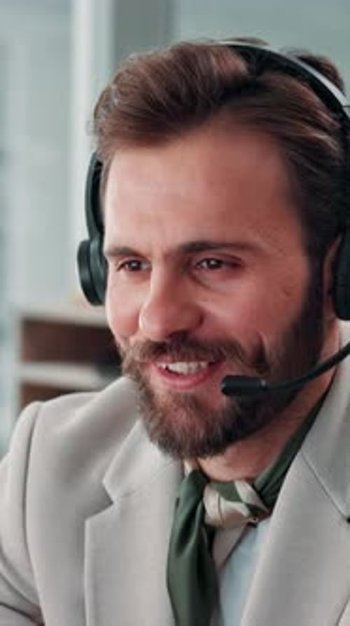 Headset, man and customer service consultant in office with communication, contact us or helpdesk