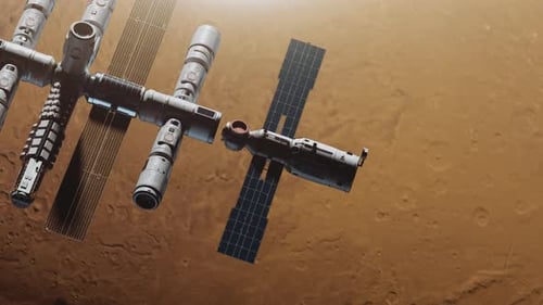 Space Station flies in orbit planet Mars