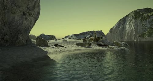 Waves Gently Lapping Against a Serene Shoreline at Dusk in a Secluded Cove