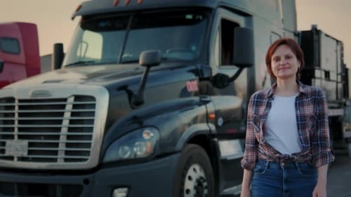 Woman Poses in Front of Semi Truck