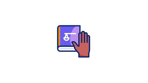 Animated Justice Law Book Icon with Oath Taking Hand