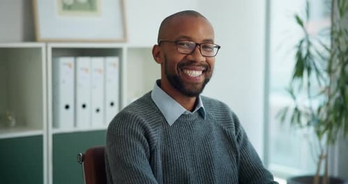 Happy, face and mature black man in office with confidence for finance career with business