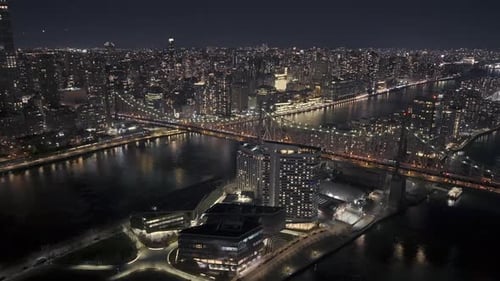 Aerial View of Queensboro Bridge at Night in New York City