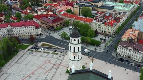 Bird's Eye View Of Cathedral Square And The Bell Tower In Vilnius Old Town, Lithuania. Aerial Shot