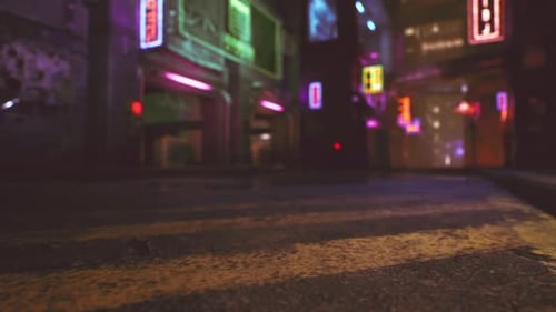 Neon Lit Alley in an Urban Setting at Night with a Futuristic Vibe