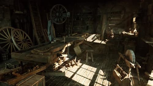 Antiguo taller de carpintería polvoriento bañado por la luz del sol y la nostalgia