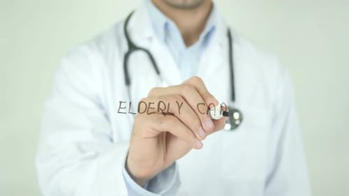Elderly Care, Doctor Writing on Transparent Screen