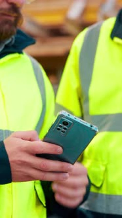 Team, hands and phone at construction site with engineering update, text message