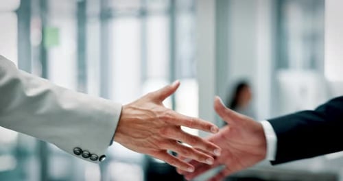 Corporate, people and meeting with handshake in office for welcome, introduction and partnership