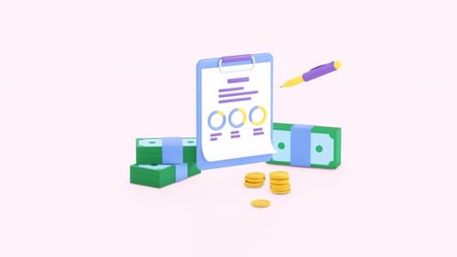 3d animation of money and clipboard. Financial diagram and charts