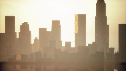 El smog se extiende sobre el horizonte de la arquitectura histórica y los rascacielos modernos
