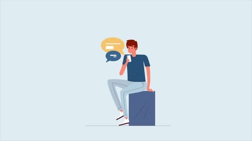 Animated Man Using Smartphone with Chat Bubbles in Flat Design