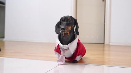 Dachshund Wearing Business Suit Sits on Floor