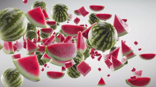 Realistic Watermelon Slices and Whole Fruit Falling Splash Animation