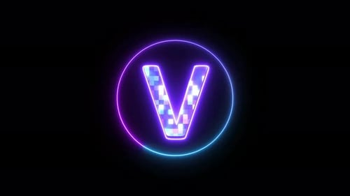 Neon Pixelated Letter V Logo Reveal in Glowing Circle