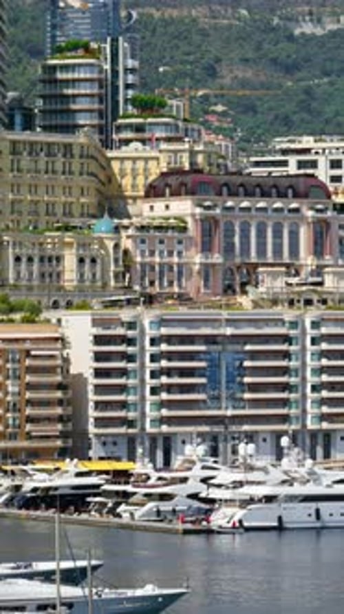 View of boats docked in the Monaco Marina with the skyline of the city on the background. Vertical
