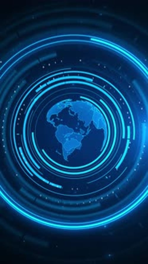 Futuristic digital Earth surrounded by Big data neon rings, binary code flowing data exchange space