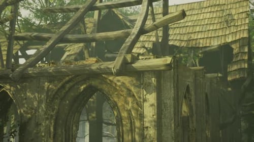 Dilapidated Gothic Temple Surrounded By Lush Moss and Flickering Spores