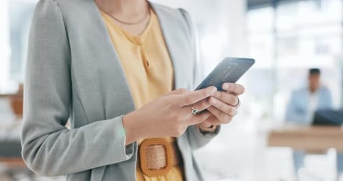 Office, phone and hands of business woman online for social media, networking and website research