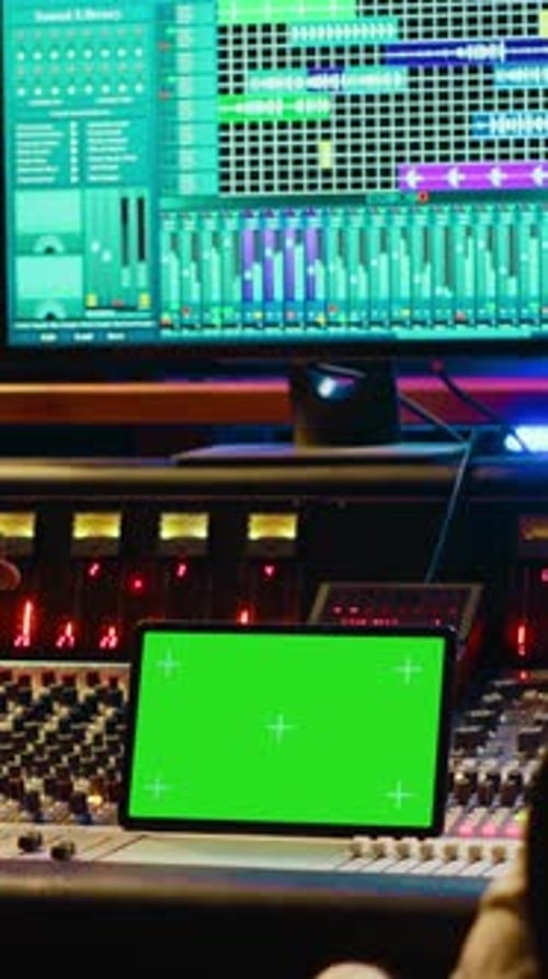 Vertikales Video: Professioneller Toningenieur und Musiker mischen Tracks neben einem isolierten Display