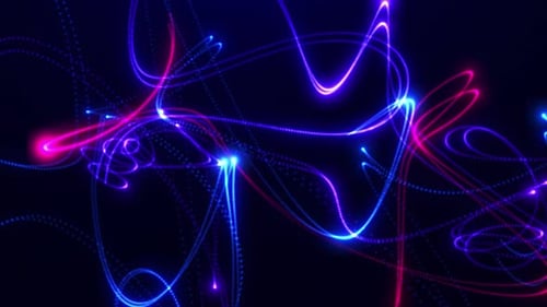 Abstract blue and purple laser lines moving and glowing on a black background, neon rays or light