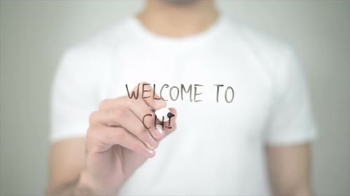 Welcome to China, Man Writing on Transparent Screen