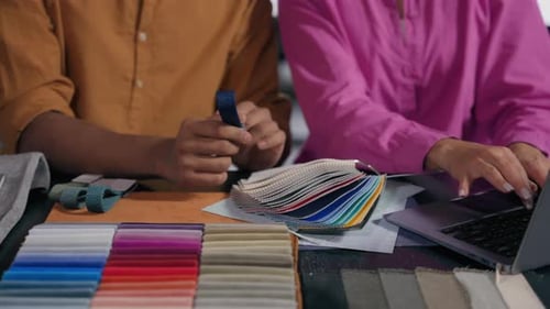 Unrecognizable Girl Guy Fashion Designers Man Woman Male Tailor Female Dressmaker at Desk New