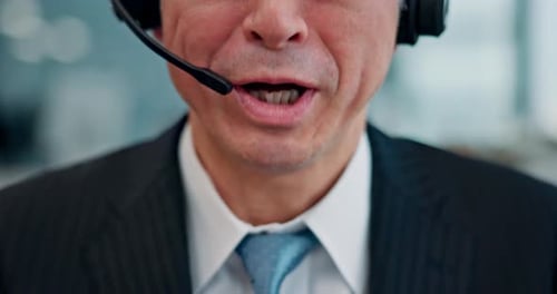 Mouth, man and talking with mic at call centre for customer service, telemarketing advice