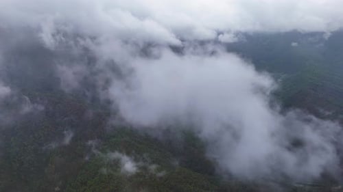 Aerial drone shot of a vibrant morning sky over mist-shrouded mountain forests.