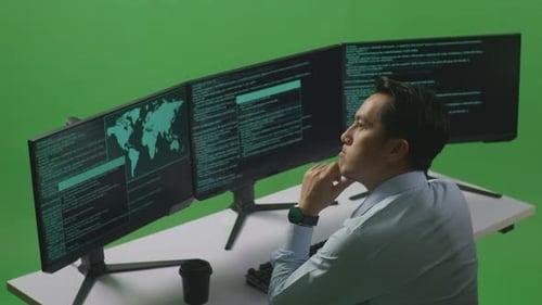 Asian Man Developer Thinking While Write Code With Multiple Computer Screens In Green Screen