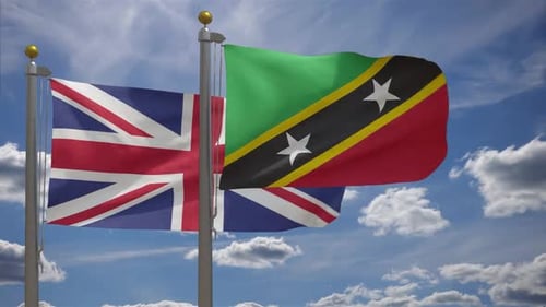 Waving Flags of United Kingdom and Saint Kitts and Nevis