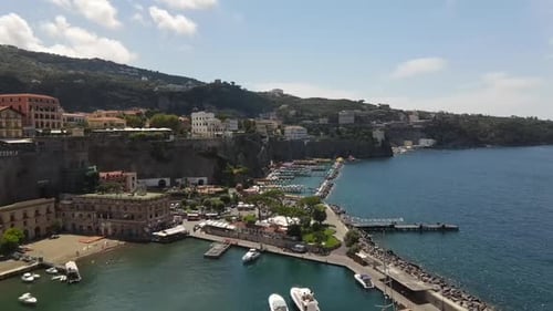 Street view in Sorrento, Italy, panoramic view of city buildings and coastline