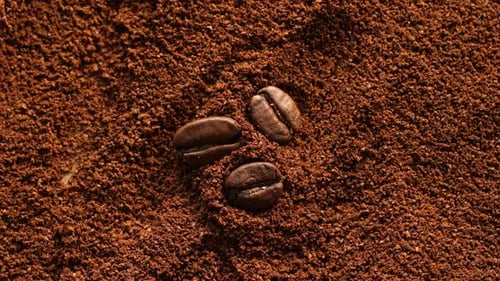 Aromatische Kaffeebohnen auf Pulver, Ansicht von oben