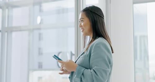 Happy woman with cellphone, thinking in office and typing email or social media post for business