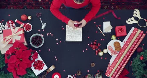 Overhead Shot of Festive Christmas Gift Wrapping
