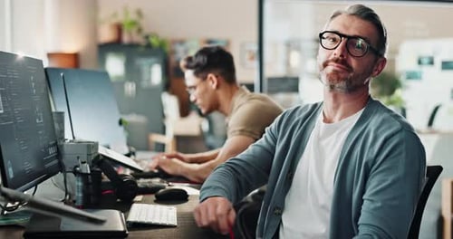 Business man, face and computer screen for coding, programming and software development with ux