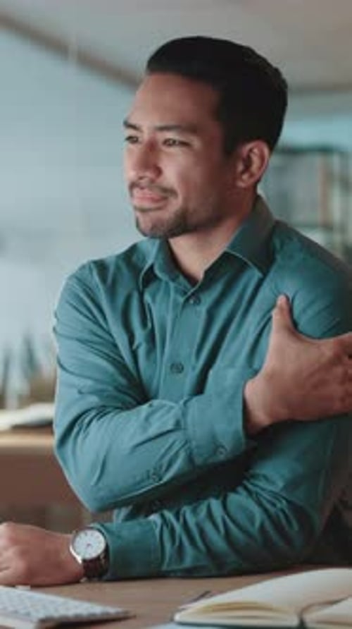 Office, employee and man with shoulder pain, sprain and tension of injury, inflammation or accident