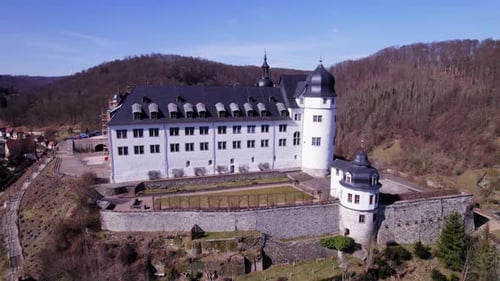 The Historic Stolberg Castle North Side With the White Walls and Dark Roof, Aerial Circle Shot