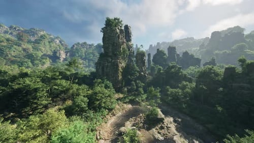 A Dense Forest with Towering Rocks and Majestic Trees