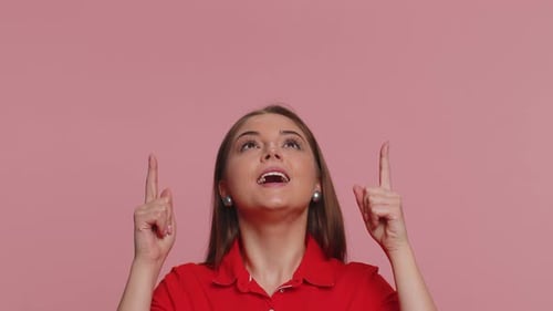 Woman Pointing Empty Place Advertising Area for Commercial Text Copy Space for Goods Promotion