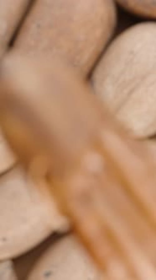 Vertical video. Camera focus shifts from the distant background with pecan nuts to focus on.