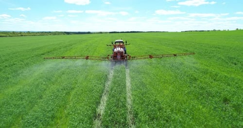 Tractor Sprayed with Pesticides Green Field with Crops