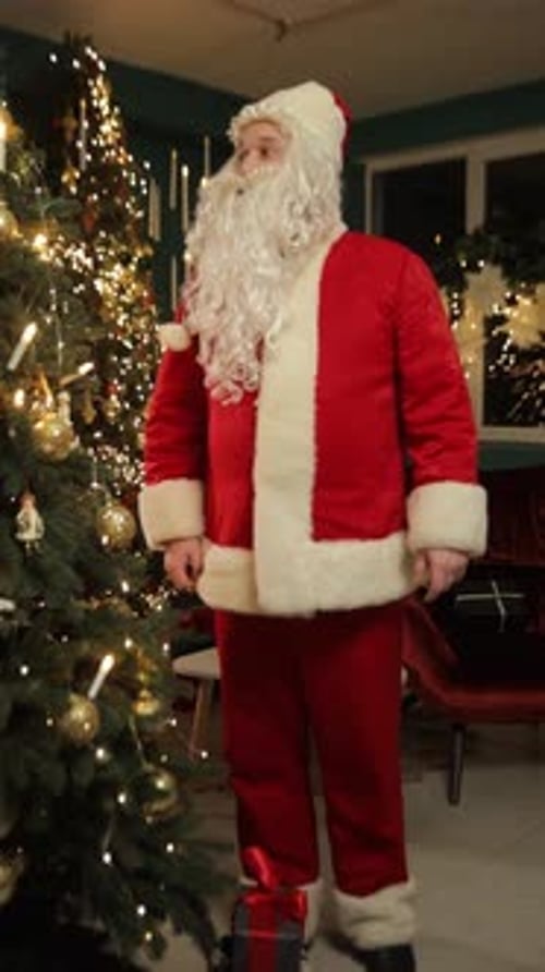 Santa Claus Stands Near a Christmas Tree Holding a Festive Ornament in a Decorated Holiday Room