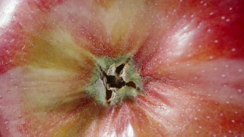 Big red apple in the sun, blue sky, super zoom. Dolly slider extreme close-up.