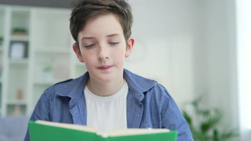 Curious school boy studies sitting at a table reading a book in a home classroom. Elementary