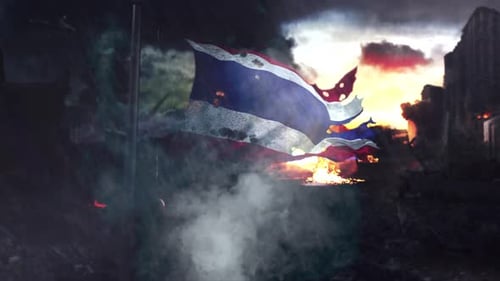 Distressed National Flag Reveal in Burning City with Smoke