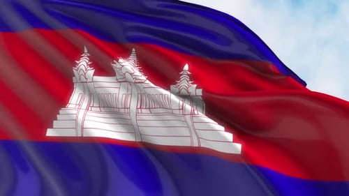 Waving Cambodian National Flag with Angkor Wat Emblem