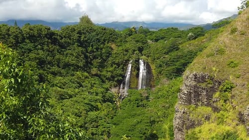 HD Câmera lenta Hawaii Kauai Caminhão mais lento da esquerda para a direita 'Opaeka'a Falls à distância com grama alta a.