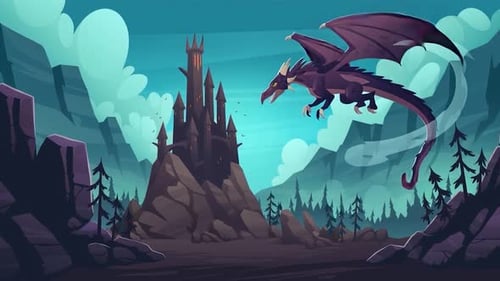 Schwarzer Drache fliegt über mittelalterliches Schloss - Fantasy-Spielwelt - Zeichentrick-Animationen